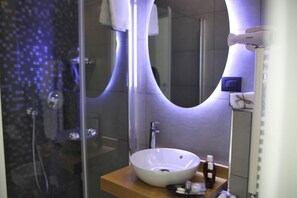 Shower, hair dryer, bidet, towels