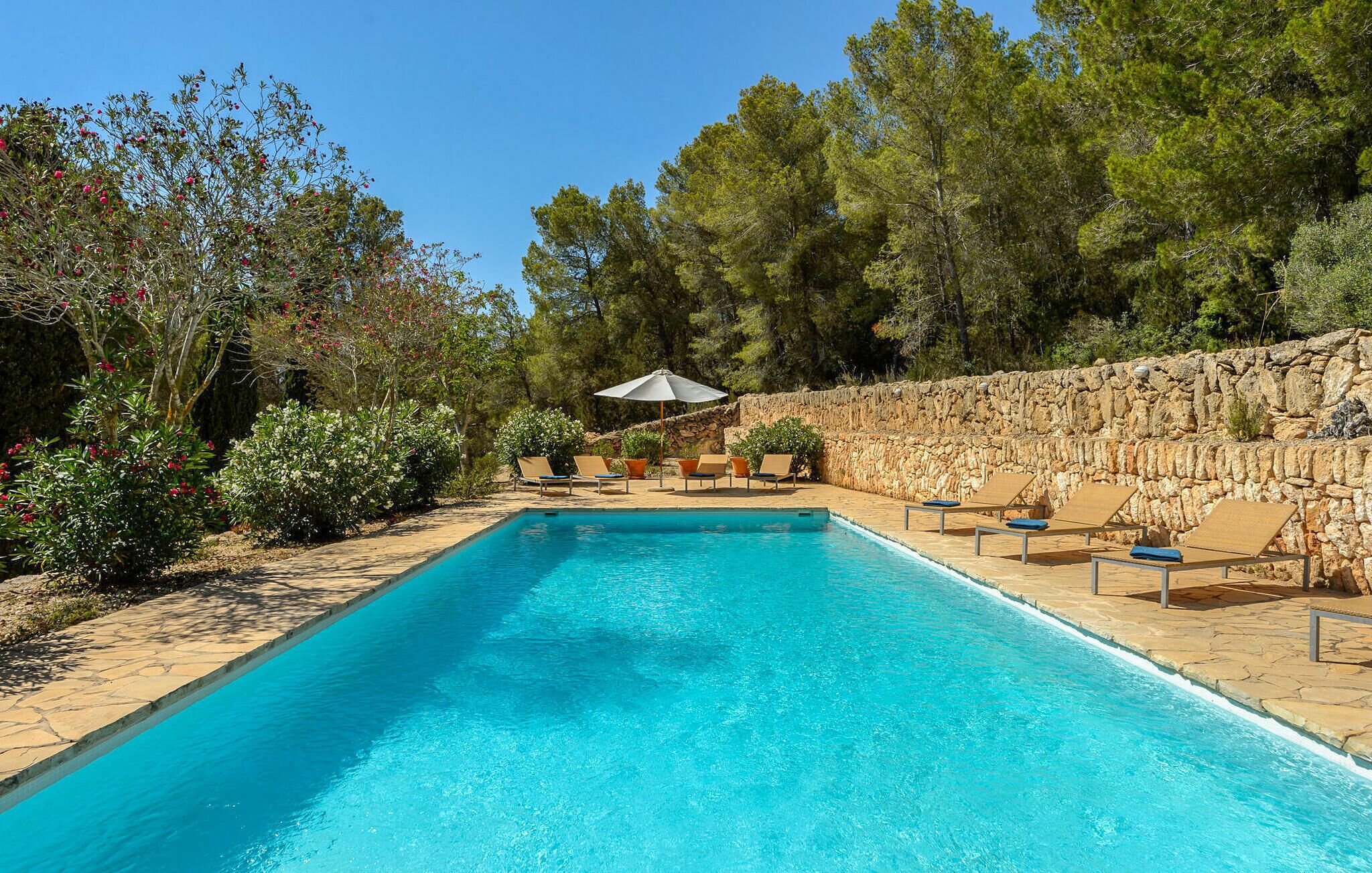 A rectangular swimming pool with clear blue water, surrounded by a stone wall and lush greenery.
