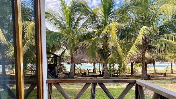 A wooden deck with a bench, overlooking a beach with palm trees and a clear sky. - Gloria del mar  (Santa Maria Colotepec)
