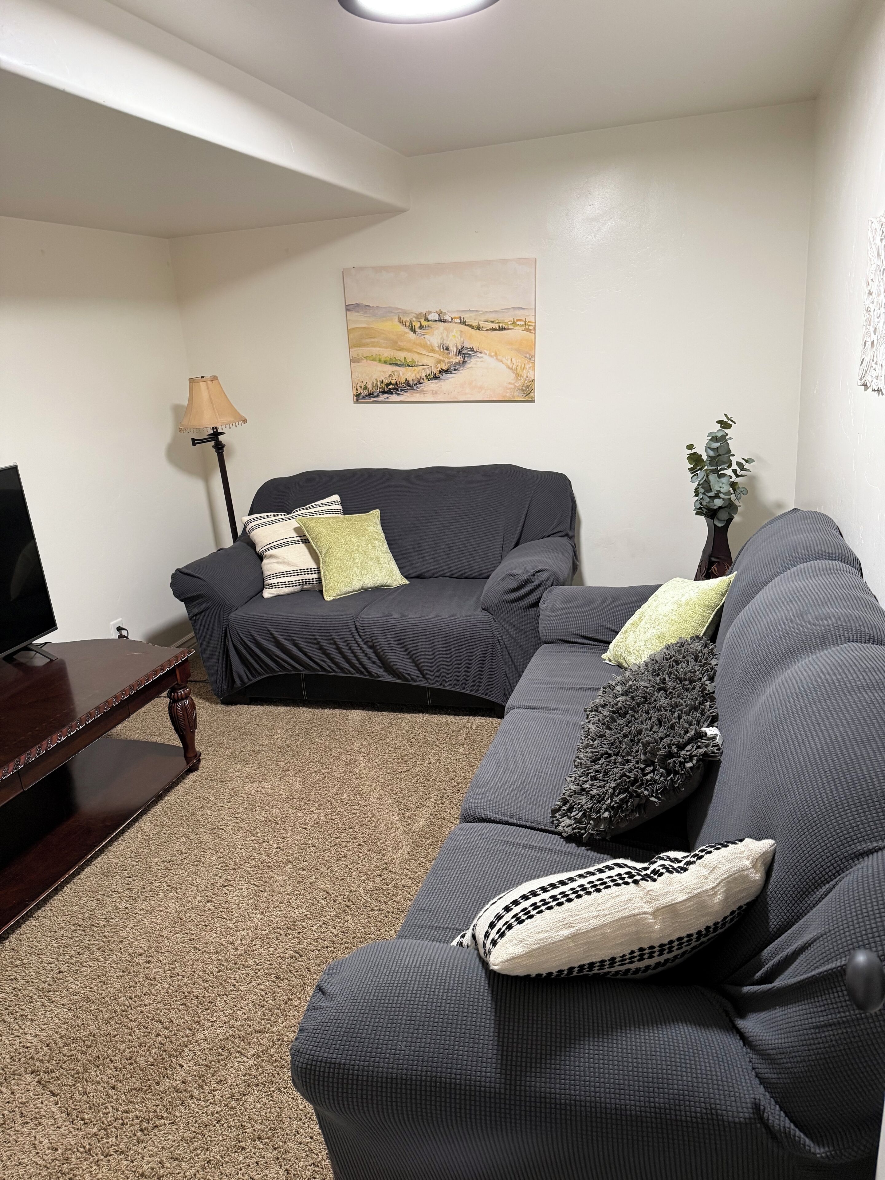 Ein Wohnzimmer mit einem dunkelgrauen Ecksofa, einem Holztisch, einer Stehlampe und einem Bild an der Wand.