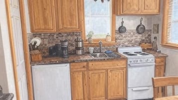 Fridge, microwave, oven, coffee/tea maker