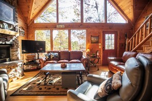 Smart TV, fireplace, books