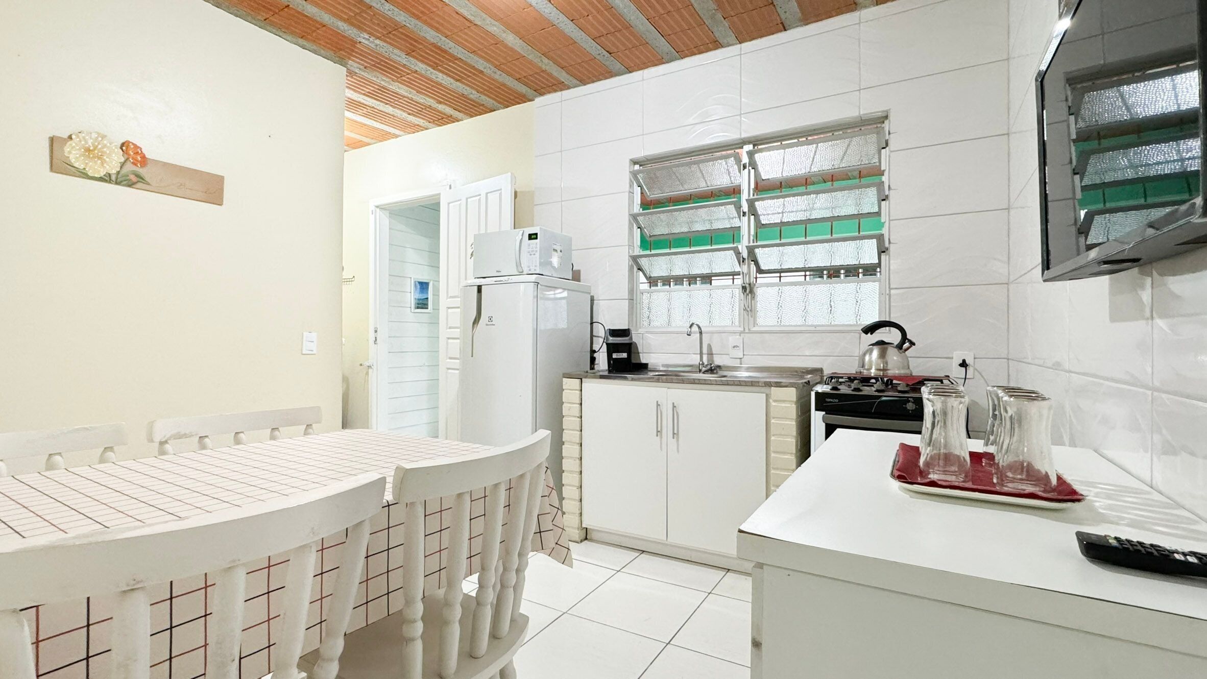 Fridge, microwave, oven, cookware/dishes/utensils