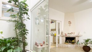 Una sala de estar moderna con un separador de vidrio, una chimenea y diversos objetos decorativos.