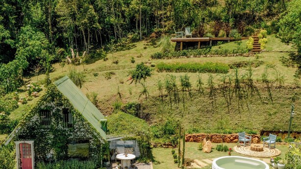 Une maison avec un toit végétalisé, un petit jardin et un jacuzzi.