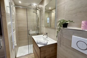 Shower, hair dryer, towels