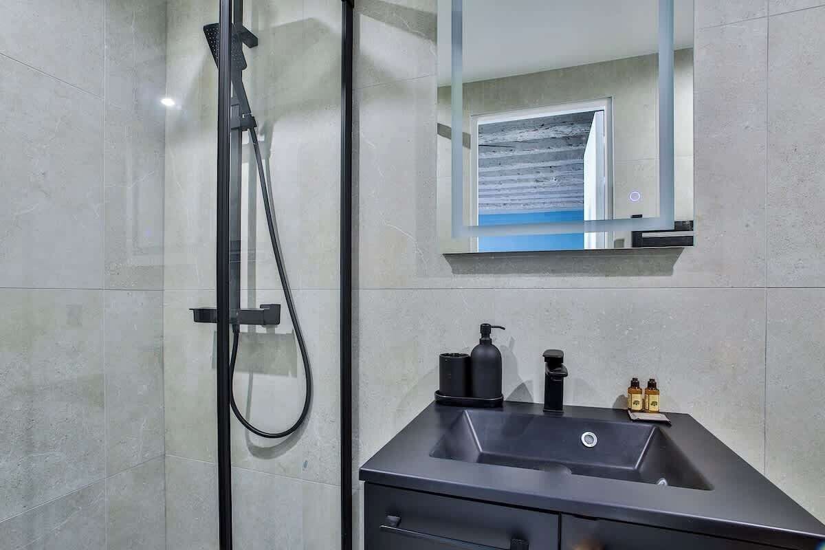 Shower, hair dryer, shampoo