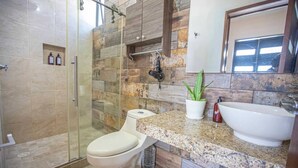 Une salle de bain moderne avec une douche en verre, des toilettes, un comptoir en granit, un lavabo et une plante en pot.
