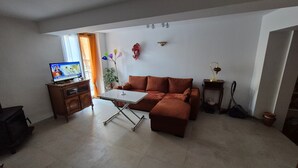 Un salon avec un canapé, une table basse, un téléviseur posé sur un meuble en bois, une plante en pot et une petite table avec une lampe.