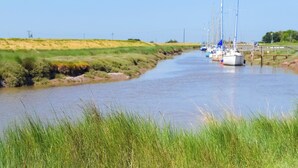 Een rivier met boten en grasoevers.
