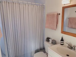 Hair dryer, towels, soap, shampoo