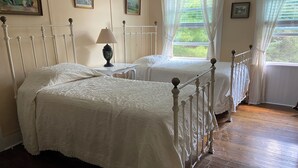 A bedroom with two beds, a nightstand, a lamp, and a window with curtains.