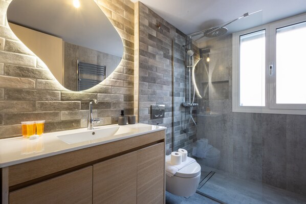 Shower, hair dryer, towels, soap