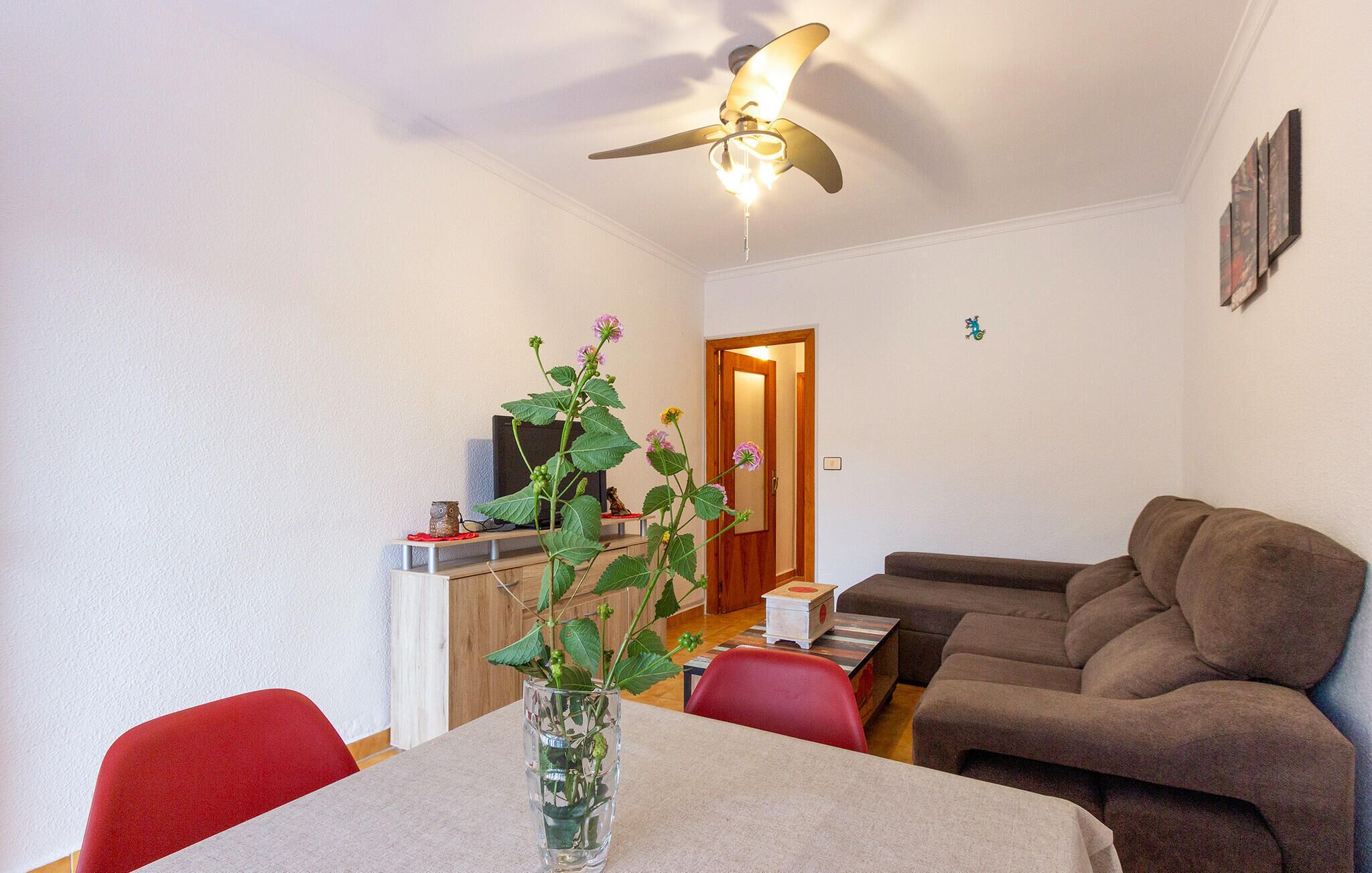 A living room with a ceiling fan, a dining table with chairs, a sofa, and a small plant on the table.
