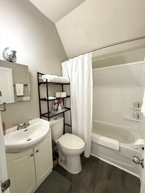 Hair dryer, towels, soap, toilet paper