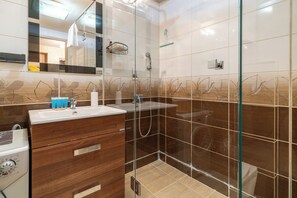 Douche, séchoir à cheveux, serviettes fournies