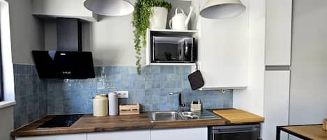 Kühlschrank, Mikrowelle, Herdplatte, Wasserkocher mit Kaffee-/Teezubehör