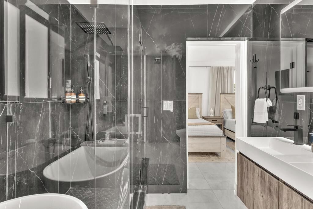 Shower, eco-friendly toiletries, hair dryer, towels