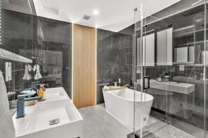 Shower, eco-friendly toiletries, hair dryer, towels