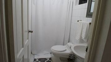 Hair dryer, towels, toilet paper