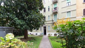 Un camino que lleva a un edificio con varios balcones, rodeado de vegetación y un árbol.