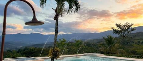 Outdoor pool, pool umbrellas, pool loungers