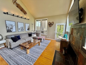 Smart TV, fireplace, books