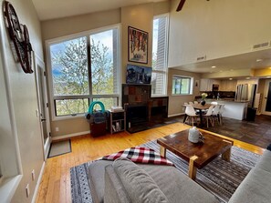Smart TV, chimenea y libros 