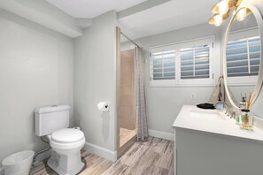 Shower, hair dryer, towels