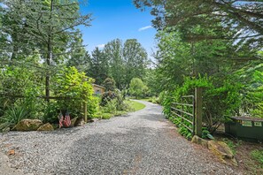 A gravel driveway leading to a house surrounded by dense greenery and trees.
