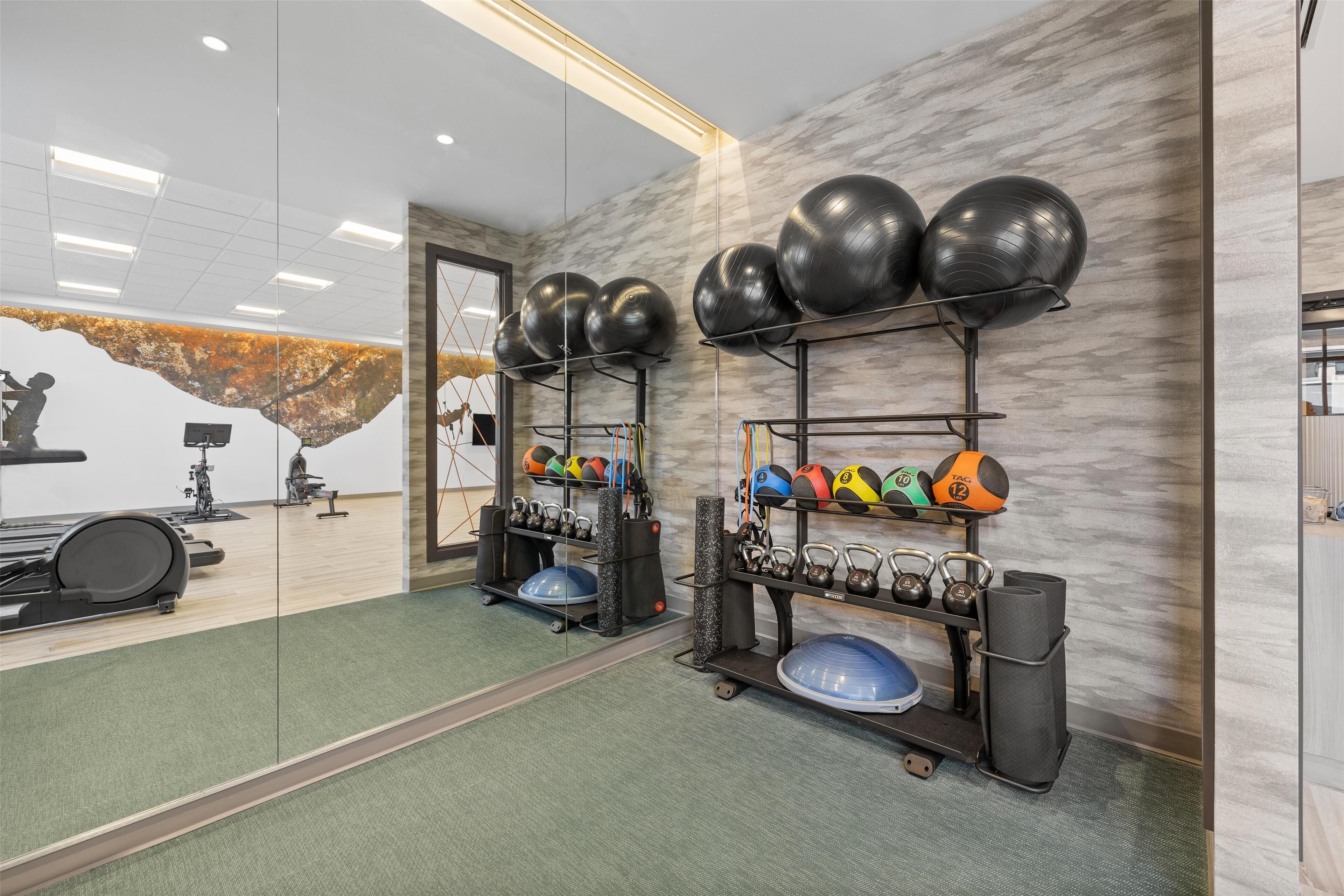 Un gimnasio con equipo de ejercicio, un espejo y una pared con una pintura de montañas.
