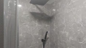 Hair dryer, towels, soap, shampoo