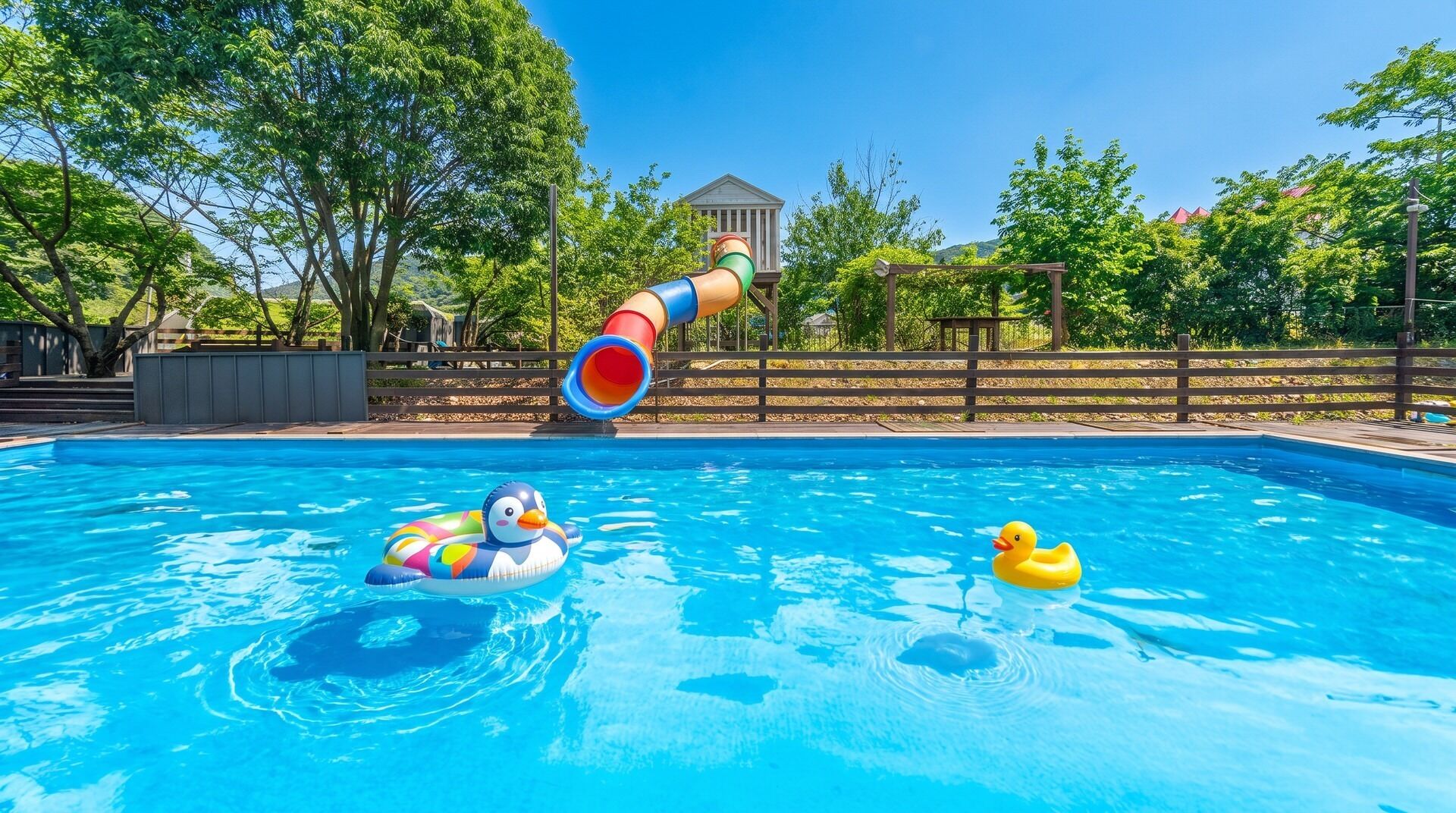 Ein Swimmingpool mit Rutsche, Schwimm-Enten und einem Holenzaun.