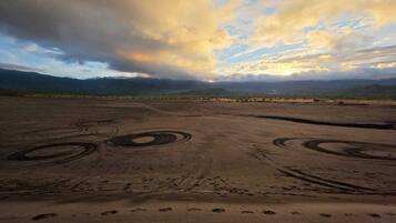 A desert landscape with circular patterns on the ground, likely created by vehicles or animals.