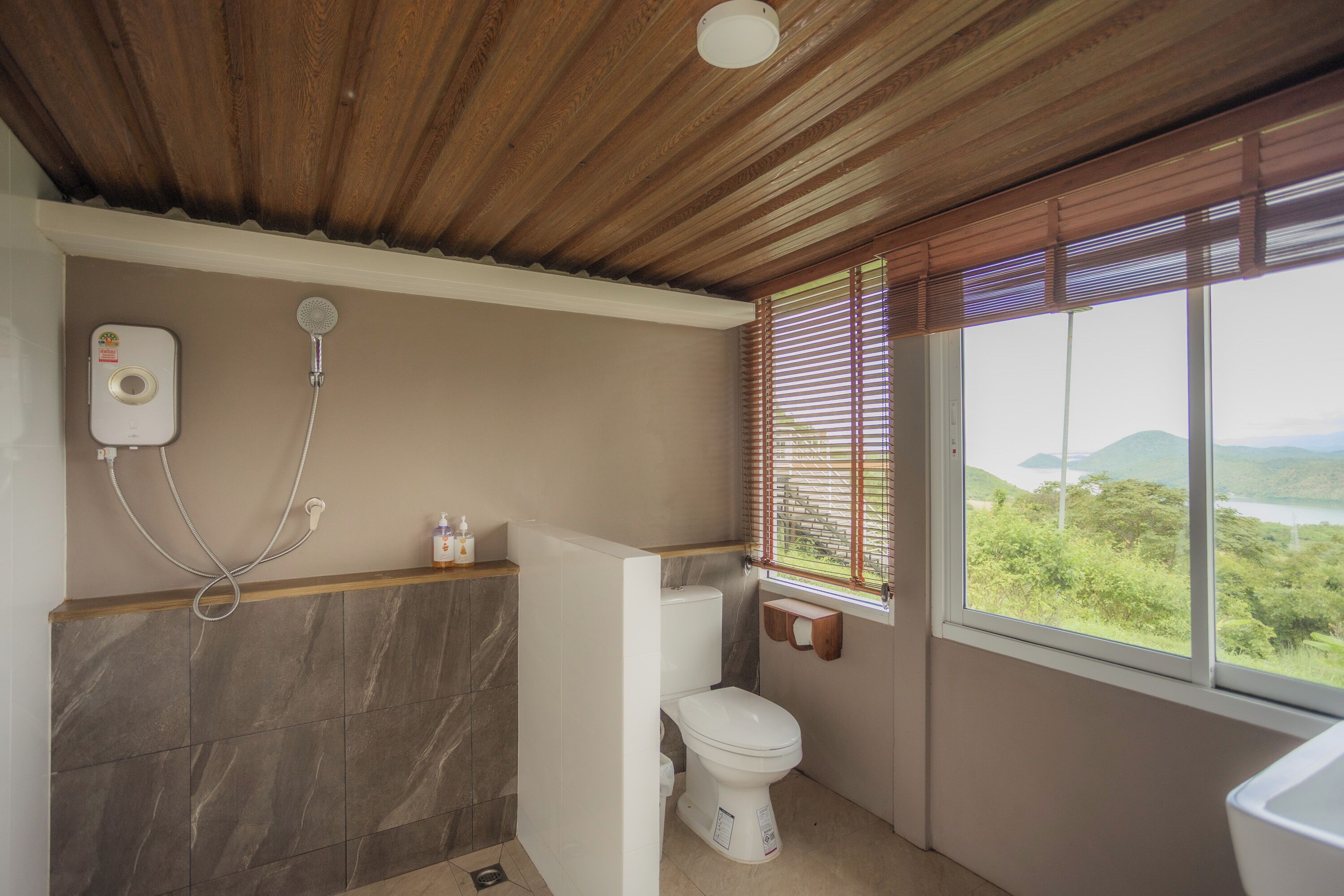 A bathroom with a shower, toilet, and a window with a view of greenery.