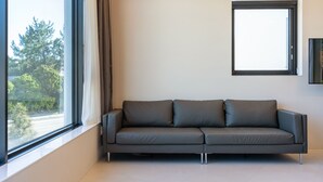 Ein modernes Wohnzimmer mit einem grauen Sofa, einem großen Fenster und einem an der Wand befestigten Flachbildfernseher.