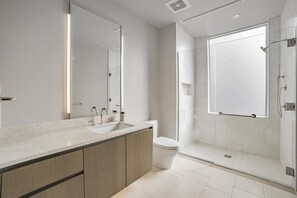 Hair dryer, towels, soap, toilet paper