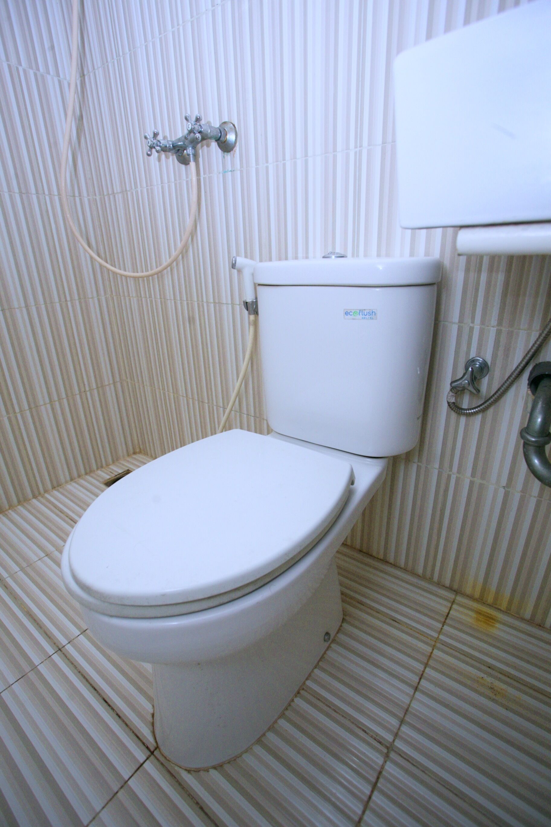 A bathroom with a toilet, a shower, and a sink.