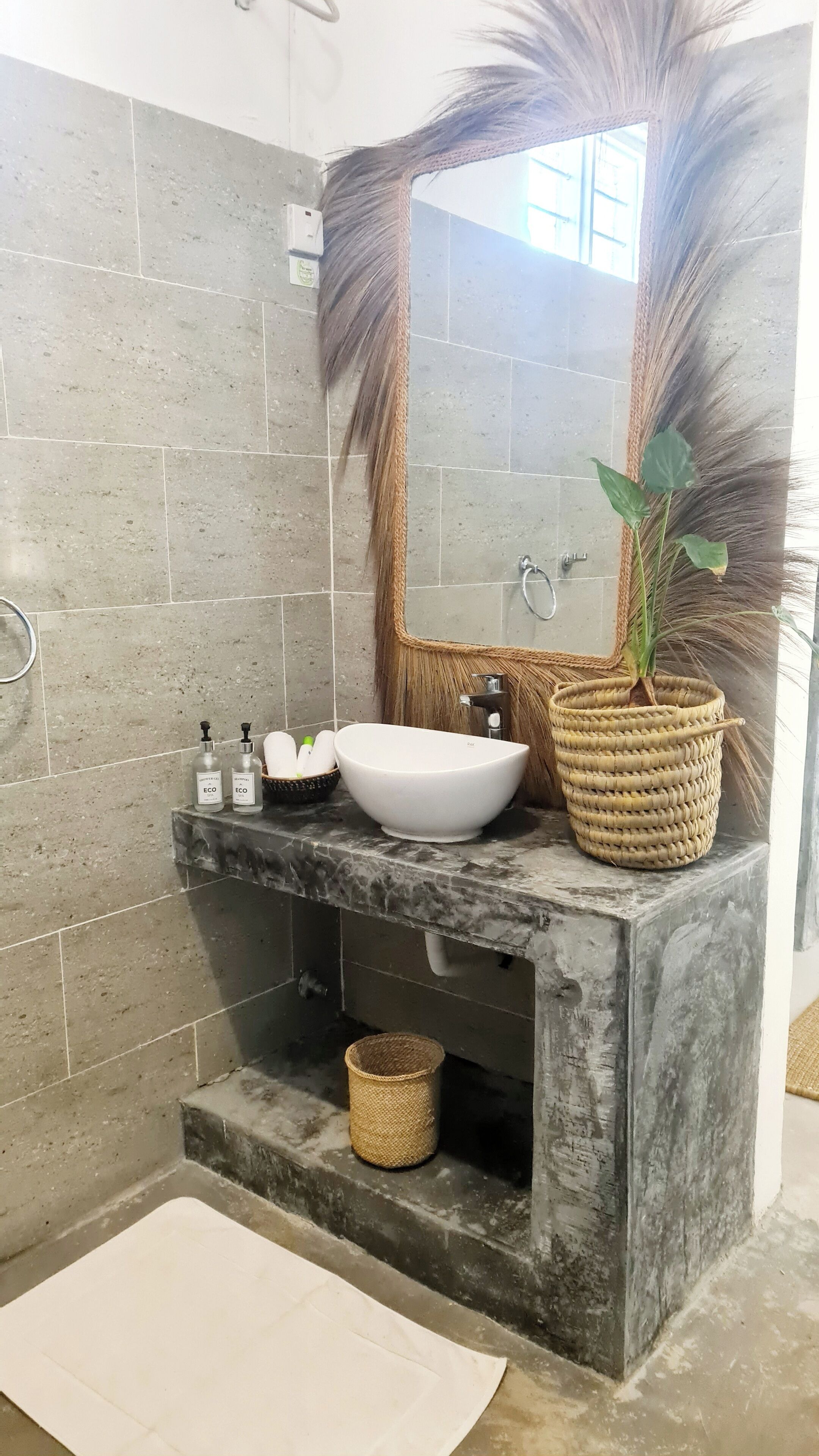 A bathroom with a white sink, two bottles labeled 'ECO', a woven basket with a plant, and a mirror with a decorative frame.
