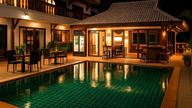 A swimming pool with tiled flooring, surrounded by outdoor seating and a bar area. - Aksarai otel Patong  (Patong)