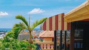 A rooftop terrace with potted plants, a palm tree, and a view of the cityscape. - Aksarai otel Patong  (Patong)