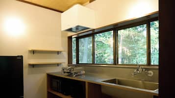 Frigorífico, microondas, placa de cocina y utensilios de cocina