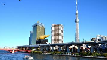 A cityscape with a prominent tower, a bridge, and a river.