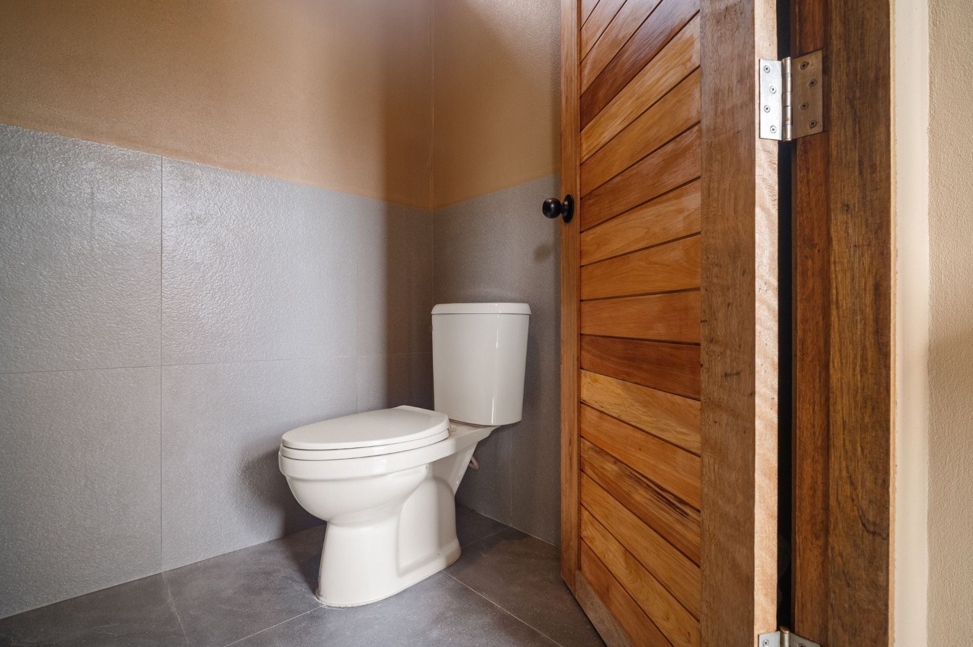 A bathroom with a white toilet, a wooden door, and a grey tiled floor.