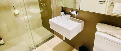 Shower, hair dryer, towels, soap