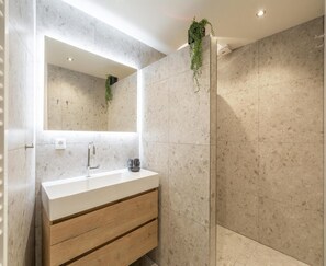 Deluxe appartement, 1 slaapkamer | Badkamer | Een douche, een haardroger