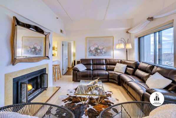 Televisión, chimenea, reproductor de DVD y estéreo 