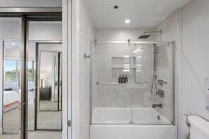 Hair dryer, bidet, towels, soap
