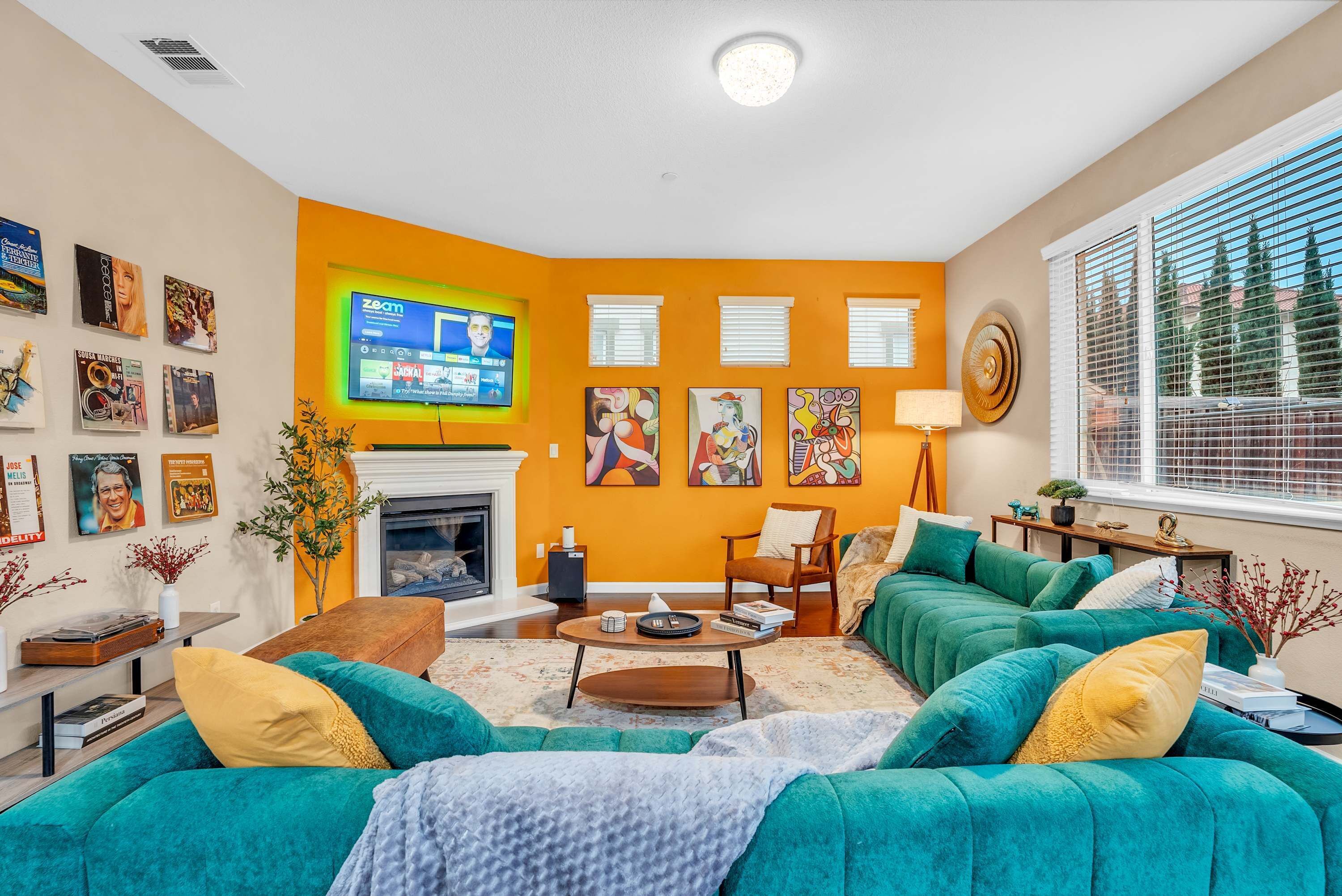 TV, fireplace, books, stereo