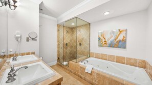 Shower, jetted tub, towels